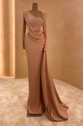 Elegant Pink Asymmetrical Long Sleeves Panel Train Satin Column Prom Dresses With Ruffles